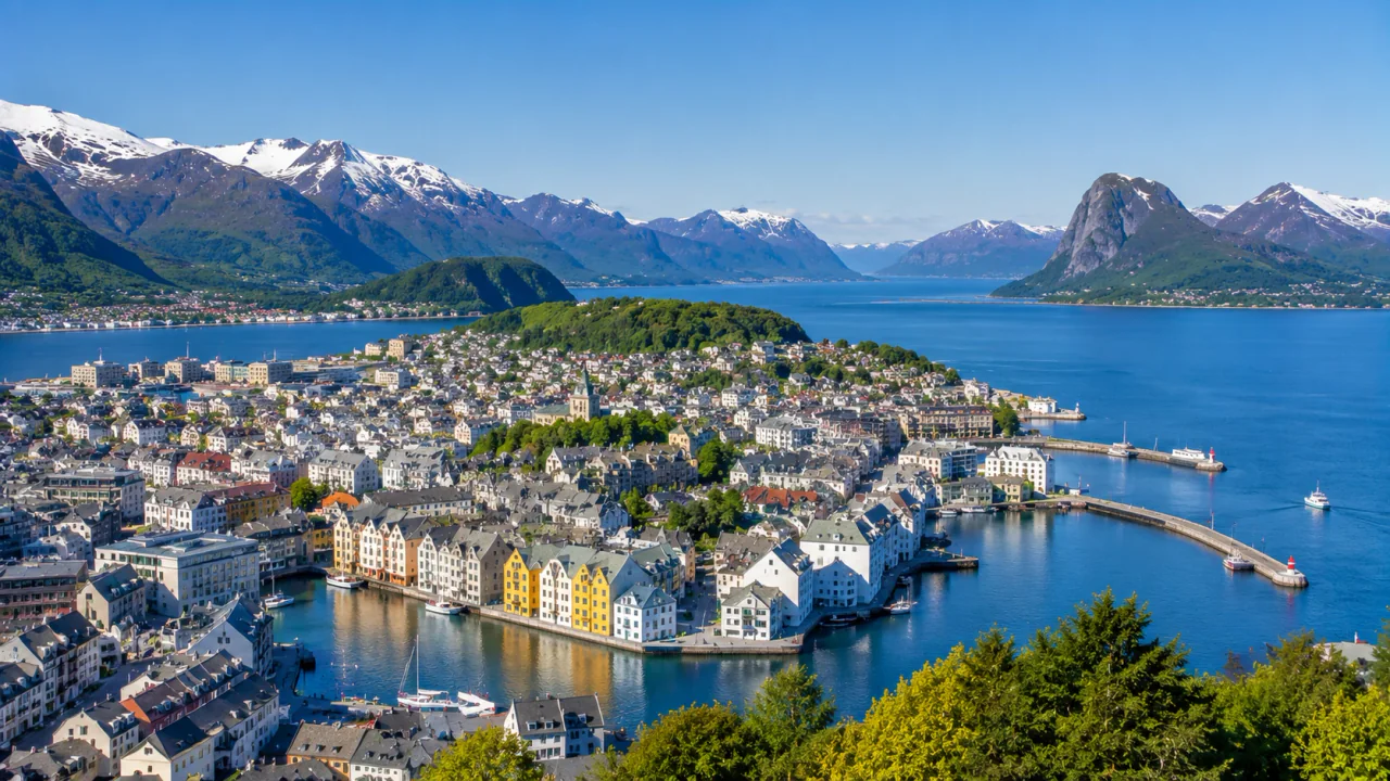 Panoramic view across Ålesund, islands and the Sunnmøre Alps