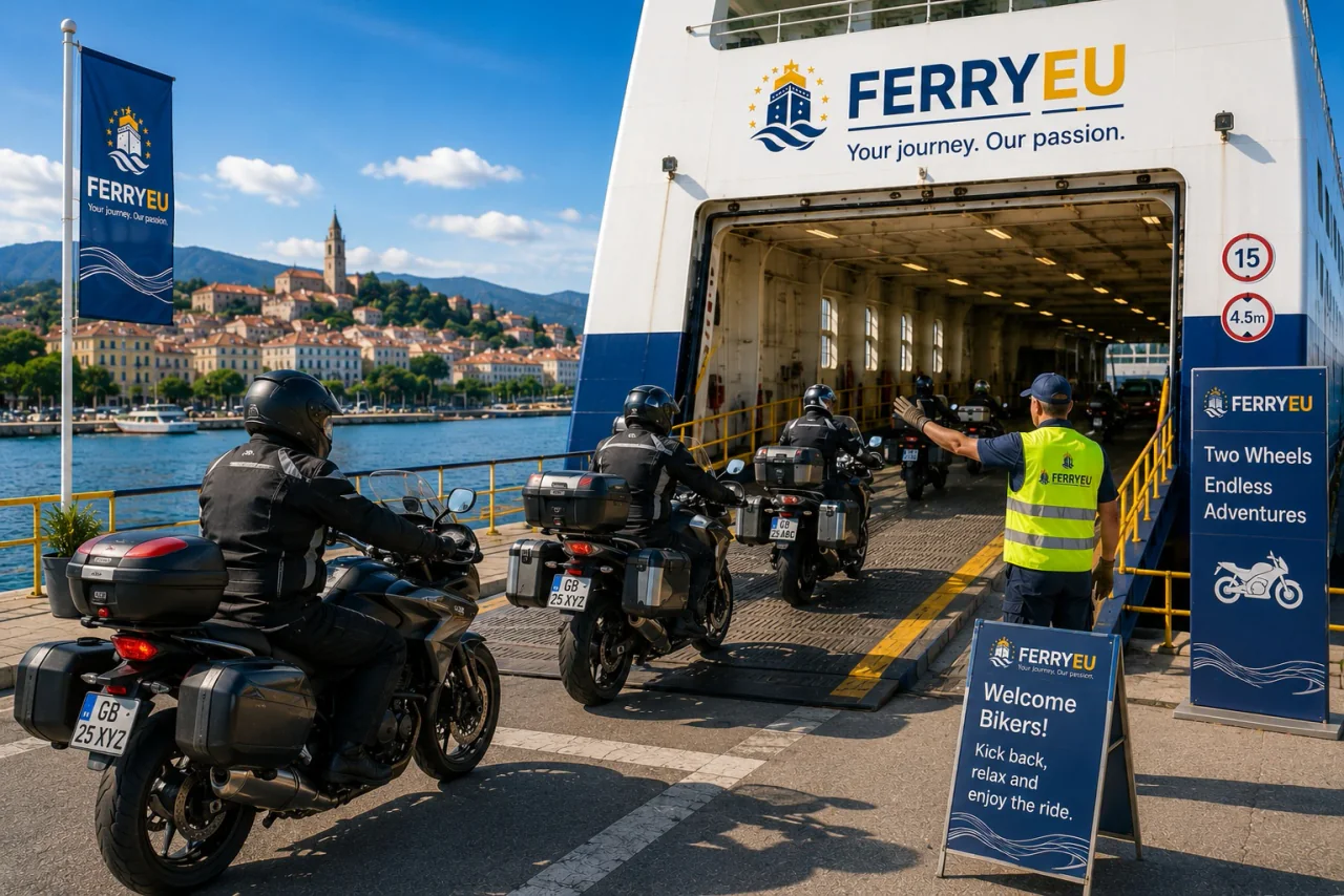 Motorcycle boarding a passenger ferry