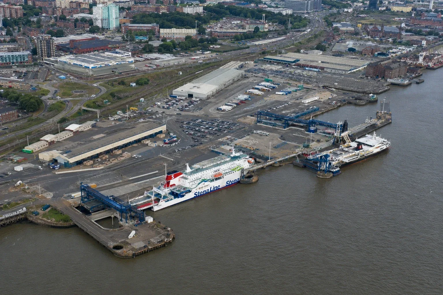 Aerial view of Birkenhead ferry port on the River Mersey opposite Liverpool