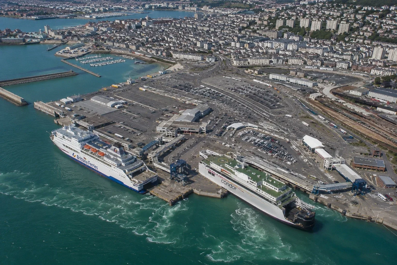 Aerial view of Cherbourg ferry port and harbour in Normandy