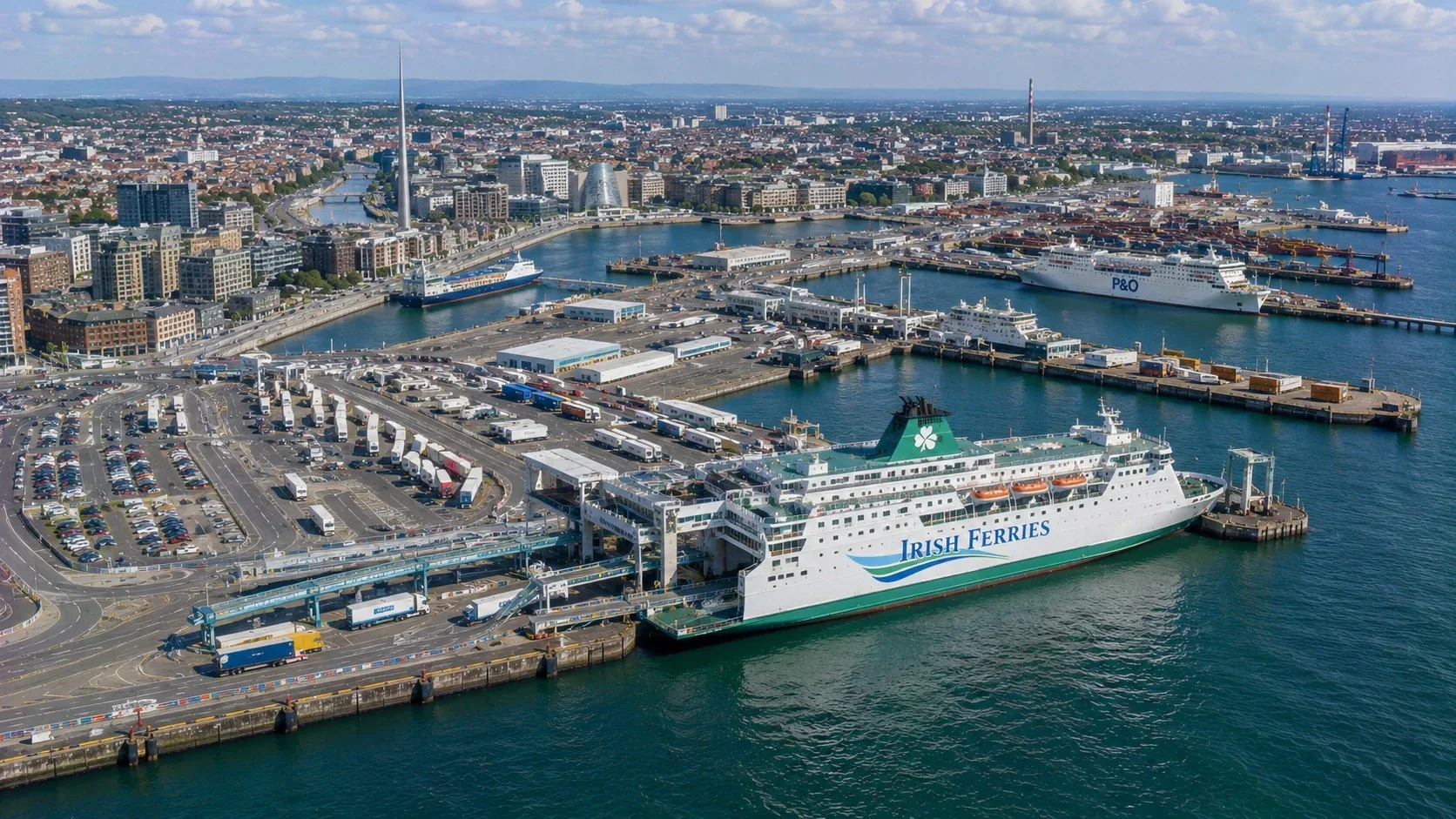 Aerial view of Dublin ferry port and city waterfront