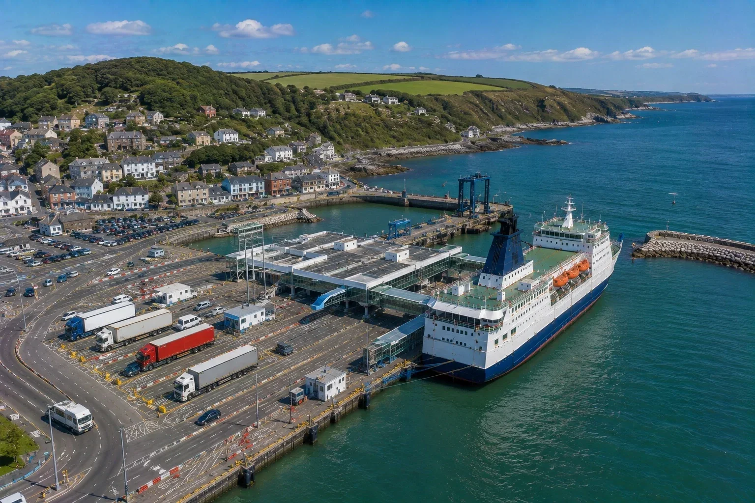 Aerial view of Fishguard ferry harbour at Goodwick in Pembrokeshire