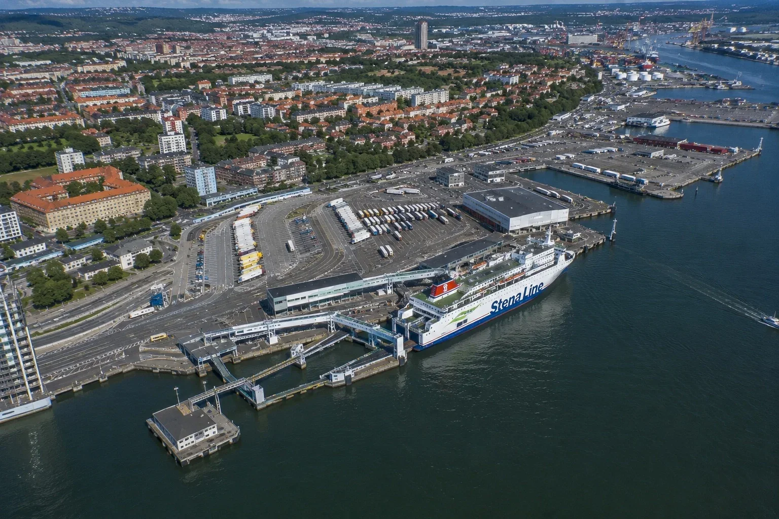 Aerial view of Gothenburg harbour with Stena Line ferry