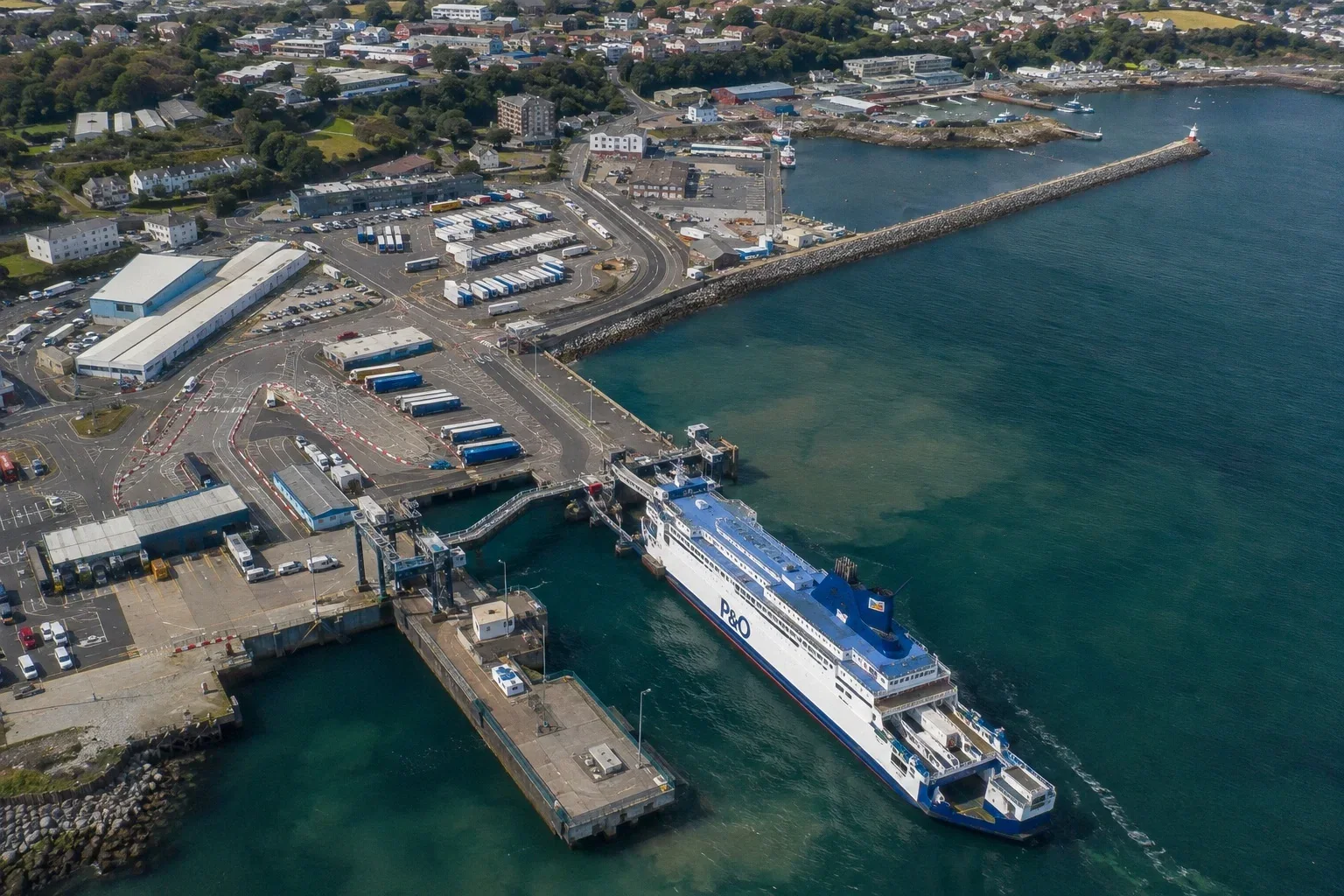 Aerial view of Larne ferry port and coastline in Northern Ireland