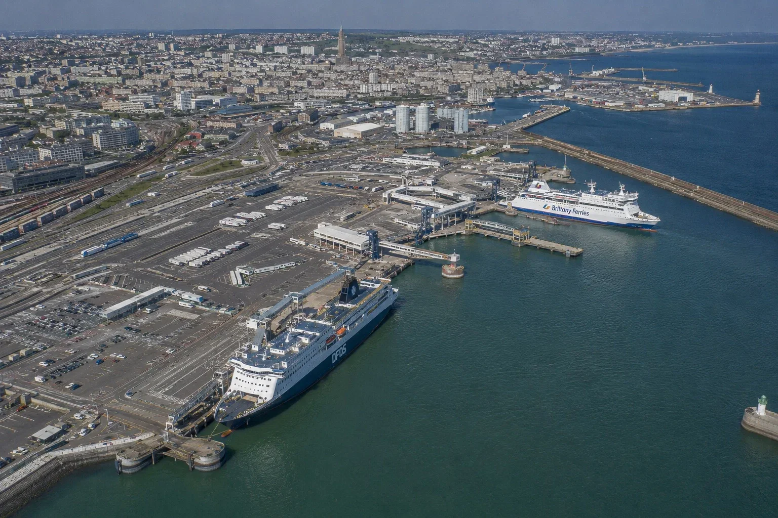 Aerial view of Le Havre ferry port with a Brittany Ferries ship