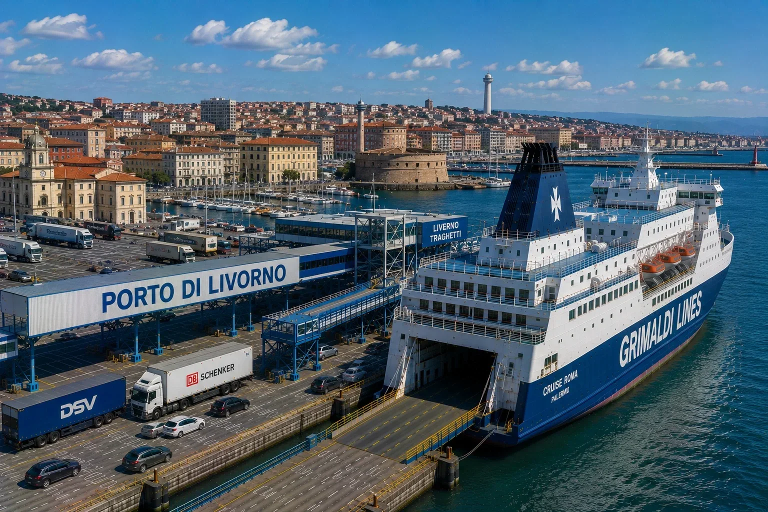 Aerial view of Livorno ferry port and passenger ferry terminals