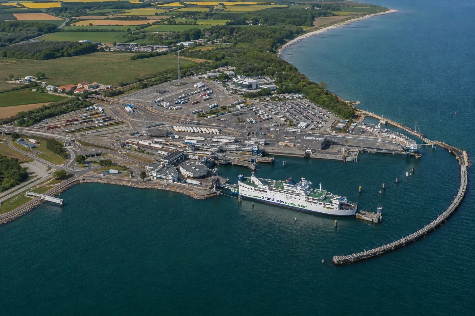 Aerial view of Puttgarden ferry port with Scandlines hybrid ferry