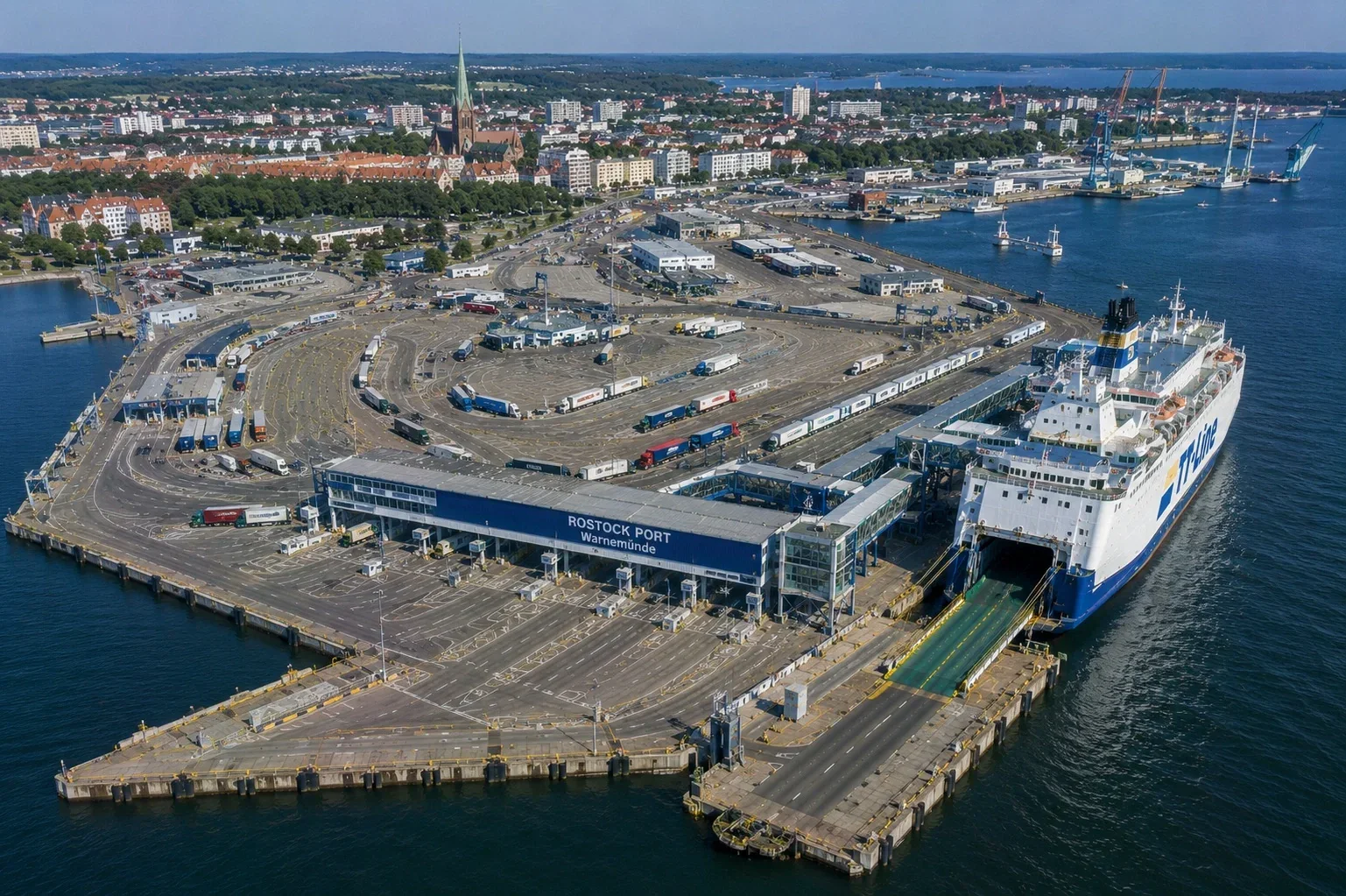 Aerial view of Rostock ferry port with TT-Line ferry