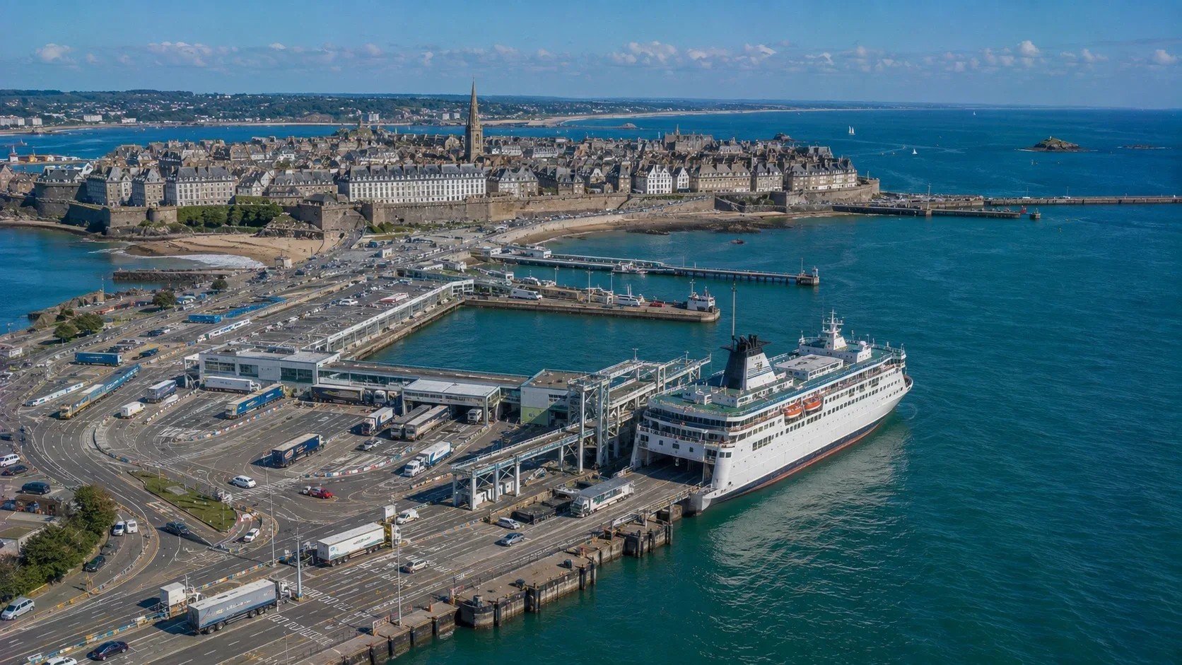 Aerial view of St Malo ferry port beside the historic city in Brittany