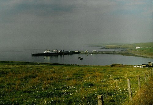 Farmland at Grimbust, with Rapness harbour below