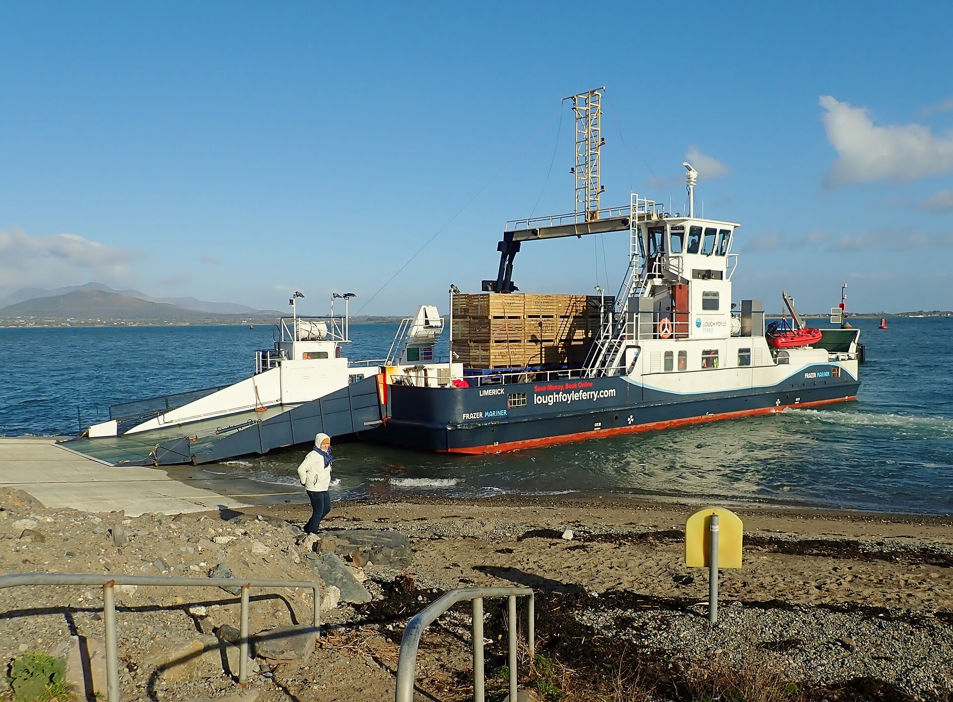Frazer Mariner at Greenore in 2018, displaying its earlier Lough Foyle Ferry livery